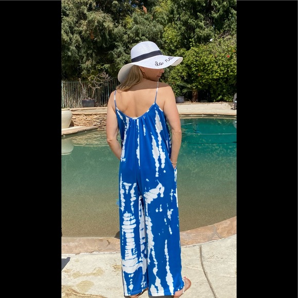 Overalls Jumpsuit Romper Oversized Tie Dye Boho Jumpsuit Bright Blue/White - Picture 5 of 17